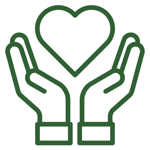 A green icon of two hands holding a heart.