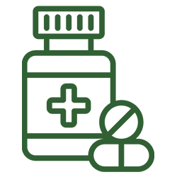 A green icon of a bottle and pills.