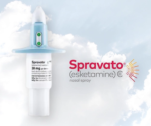 A spray bottle with the word " spravato ( esketamine ) c " written on it.